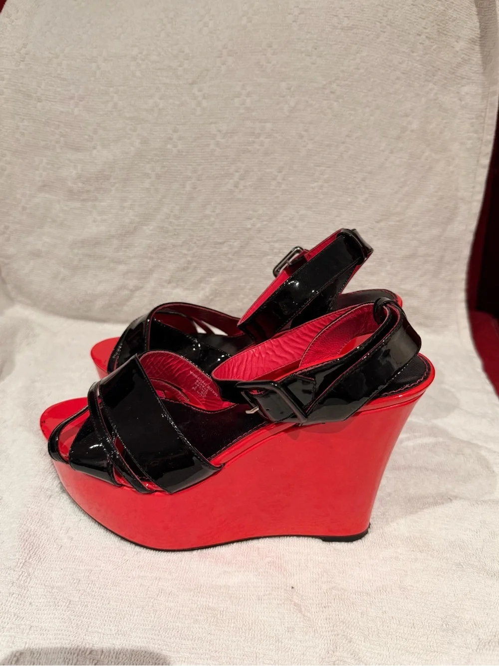 Sonia Rykiel Black Patent Leather Strappy Wedges with Pink Platform